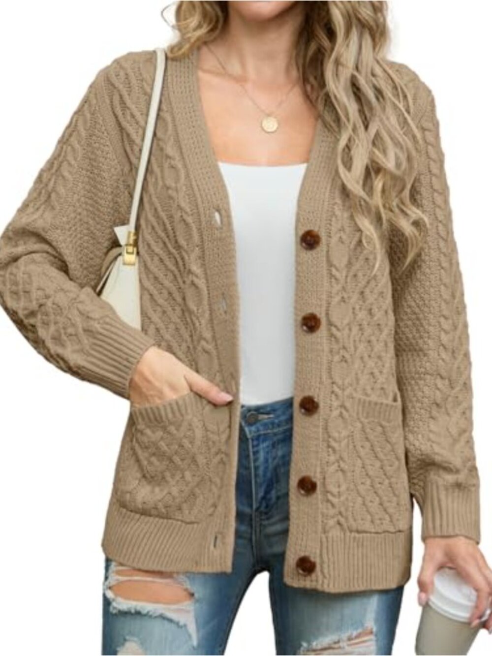 Open Front Long Sleeve Chunky Cable Knit Button Down Cardigan with Pockets
